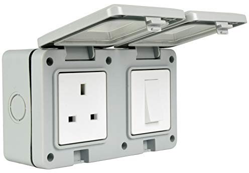 Double Gang Fully Weatherproof Switch & 3 Pin UK Power Socket Outdoor IP55 White [Double Gang Switch/Power]