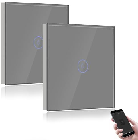 BSEED Smart Lichtschalter 1 Fach 2 Wege Wifi Smart Lichtschalter arbeitet mit Amazon Alexa and Google Home,Glas Touchscreen-schalter Grau-2 Pack(Nullleiter erforderlich)