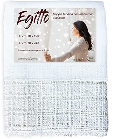 Coppia Tendina a Vetro Egitto con Pizzo macramè Bianco - Coppia (2 Teli) CM. 70X240