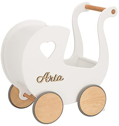 Puppenwagen ab 1 Jahr - Individuell mit Namen - Handgefertigter Puppenwagen - Holzpuppenwagen - Sicher Abgerundete Kanten - Ausdrucksstarke und Schöne Farben (Weiß)