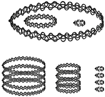 Stretch-Tattoo-Halskette, Modische Vintage-Kette, Tattoo-Hohlgewebe-Schmuckset, Vintage Kette in schwarz(5 x Elastische Dehnen Halskette + 5 x Armband +5 x Ring)
