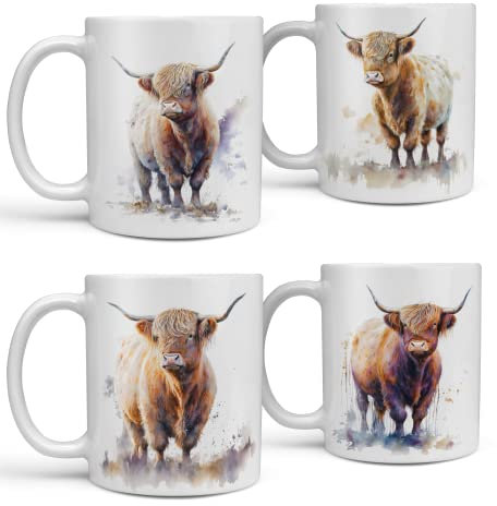 Stunning Set of 4 Highland Cow Mugs - Each Perfectly Printed Highland Cow Mug Features Watercolour Art of Highland Cattle Makes a Perfect Highland Cow Gift
