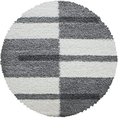Carpetsale24 Hochflor Teppich Rund 120 cm Hellgrau – Weicher Shaggy Flokati im Karierten Design – Dekorativer Bodenteppich für Wohnzimmer, Schlafzimmer oder Kinderzimmer – Pflegeleicht