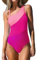 CUPSHE Maillot de bain une pièce contrasté pour femme, asymétrique épaule dénudée dans le dos, contrôle du ventre, rose fluo, XS