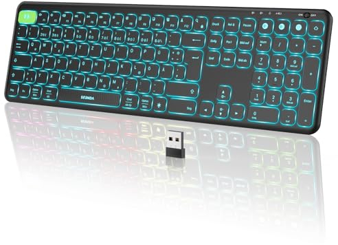 seenda Tastatur kabellos beleuchtet, USB & Bluetooth Tastatur mit 7 Farben Hintergrundbeleuchtung, Wiederaufladbare Leise Funktastatur für PC, Laptop, MacBook,Tablet, QWERTZ Layout(Schwarz)