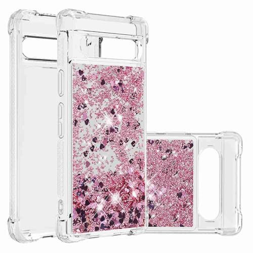 Reevermap Google Pixel 8 Case Glitter Clear 3D Hearts Liquid Floating Silicone Phone Cover, Shockproof Air Cushion Bling Shiny Quicksand Bumper Case for Girls Women, Rose Gold