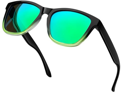 KANASTAL Green Sunglasses Mens Mirrored Polarised Tinted Womens Ladies Mirror Square Retro Vintage Fashion Travel Outdoor Summer UV400 Protection - Black Frame Green Lens