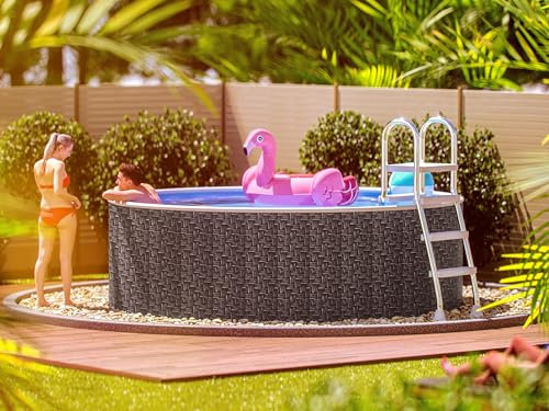 poolomio® Stahlwandpool rund 460 x 120 cm Rattan | Robuster Gartenpool als Aufstellbecken oder Einbaupool | Aufstellpool Komplettset mit Innenfolie 0,5 mm, Skimmer & Einlaufdüse