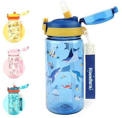 wooshwa Botella para Beber Campus Pop-up, 600ml Deportiva Botella Agua Niños con Pajita, Sin BPA y Apta para Lavavajillas (Animal Oceánico)