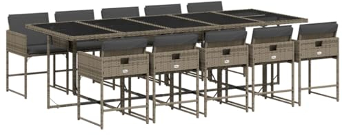 vidaXL Garten Essgruppe 11-TLG., Gartenmöbel Set mit Kissen, Gartengarnitur Tisch 10 Stühle, Sitzgruppe Sitzgarnitur, Grau Poly Rattan