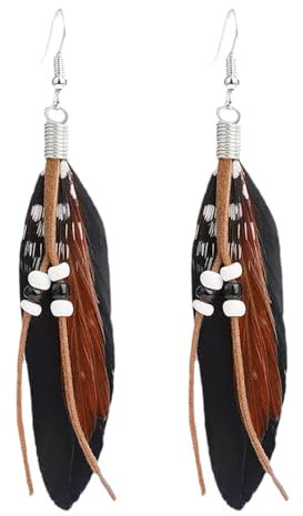 Feder Ohrringe Vintage Ohrringe Boho Ohrringe Karneval Ohrringe Indianer Hippie Ohrringe Hängend Indische Ohrringe Braun Ohrringe Groß Hängend für Themenpartys, Valentinstag, Geburtstag (schwarze)