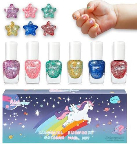 Aieenjor Kids Nail Polish Set, 6 Colors Non-Toxic Peel-Off Children Nail Polish Kit, Rainbow Glitter Set, Quick Dry Water-Based Kids Nail Varnish Set Gifts for Girls Toddlers