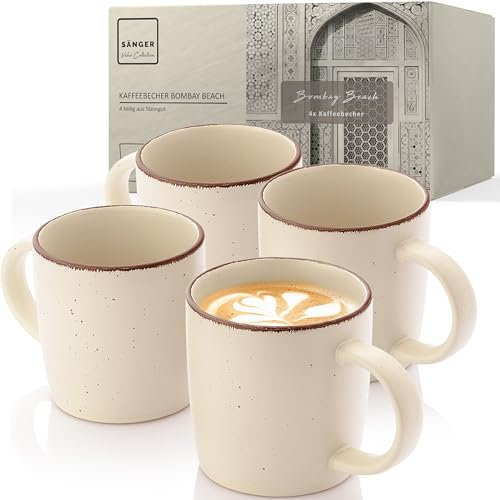 SÄNGER Bombay Beach | Kaffeebecher 4 teilig, Steingut Tassen Set für 4 Personen, Tassen, spülmaschinen- mikrowellenfest, Coffee Mug Teetasse, Kaffeetassen creme 360 ml | VALUE COLLECTION