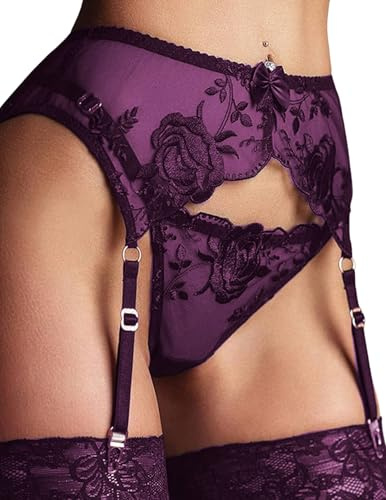 NewBull Garters and G-String Set for Women Sexy Lace Lingerie Set with Transparent Garter Belt Garters with 4 Adjustable Metal Clips for Stockings Erotic Underwear + G-String, Violet, One Size