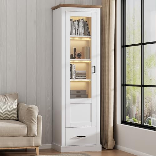 Merax LED Vitrine Glasvitrine Hochschrank Vitrinenschrank,178cm mit USB-Anschluss,Fernbedienung, mit Holzdekor und Schublade, 5 Fächer,MDF, für Wohnzimmer und Sammlungen 50x35x178cm - Weiß Matt