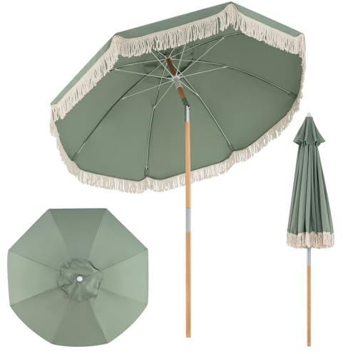 COSTWAY Sonnenschirm Boho, 170 cm Gartenschirm aus Holz, beidseitig um 30° knickbar, Balkonschirm mit Fransen, Terrassenschirm, Marktschirm für Garten, Balkon, Terrasse (Grün)