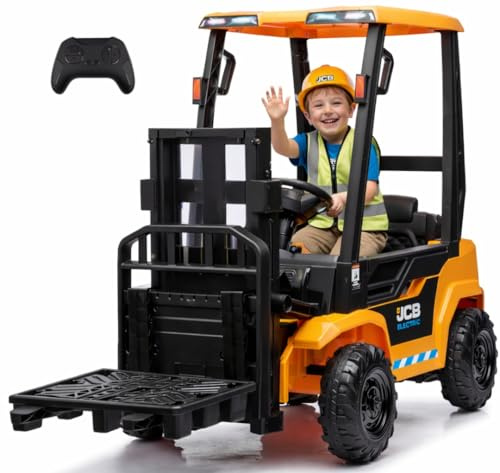 JCB Carrello Elevatore Elettrico Bambini 12V con Telecomando – Muletto Sollevatore Cavalcabile con Forche Elettriche Funzionanti, Cintura di Sicurezza, Bluetooth, Ammortizzatori Carico 30 kg