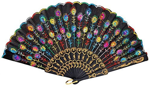TPgoBuy Peacock Pattern Embroidered Flower Pattern Black Cloth Lace Silk Folding Hand Fan Sequins Flower Spanish Style Decorative Fashionable (Colorful)