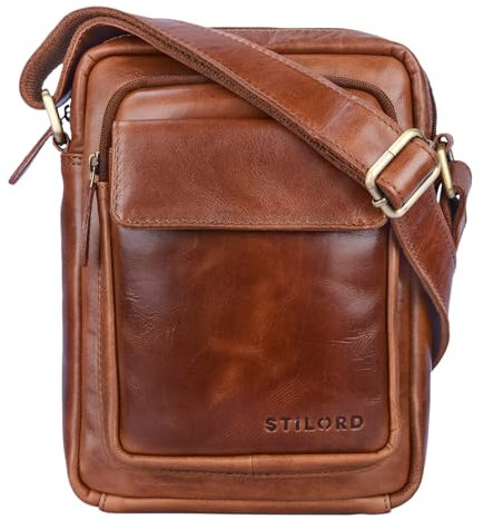 STILORD 'Jannis' Pequeño bolso mensajero o bandolera de cuero vintage para hombre Bolsa de hombro para Tablet portátil o iPad de 9.7' de auténtica piel, Color:cognac - brillante