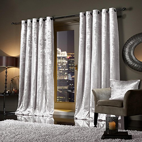 viceroy bedding Pair of Heavy Crushed Velvet Curtains EYELET RING TOP Fully Lined Curtains Snow White 66 Width x 72 Depth