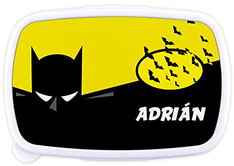LolaPix Caja merienda. Regalos Personalizados. Caja merienda con Nombre. Apta para microondas y Libre de BPA, filatos y Metales Pesados. Varios diseños. Murciélago