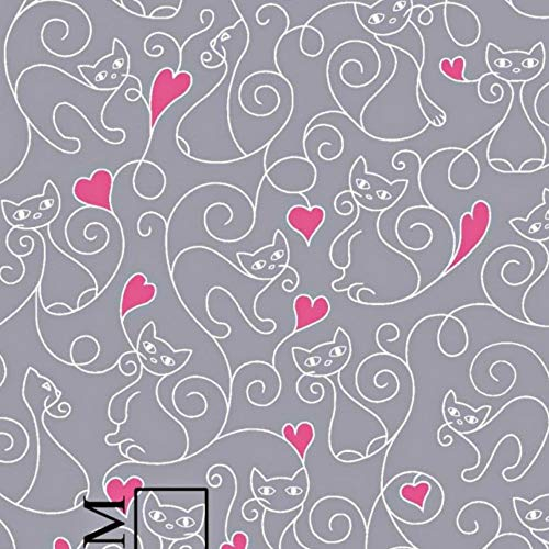 7,98€/m Katze 100% Baumwolle 50x160cm Baumwollstoff Meterware Handwerken Nähen Stoff (Katze Grau Herzen Pink)