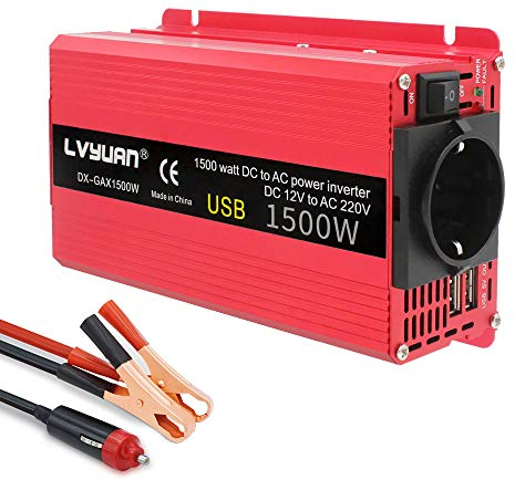 Wechselrichter 750W Spannungswandler DC 12V auf AC 230V/ KFZ Inverter mit EU-Steckdose und 2 USB Anschlüsse inklusive Kfz Zigarettenanzünder Stecker Autobatterieclips