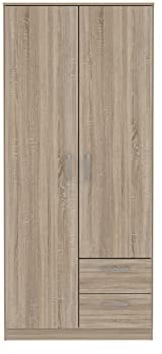 FORTE NIKO Schrank 80 85, Kleiderschrank klein, Flurschrank, Drehtürenschrank mit 2-türig, 2 Schubladen, Einlegeböden und Kleiderstange, Sonoma Eiche, 82 cm breit x 185 cm hoch x 53 cm tief