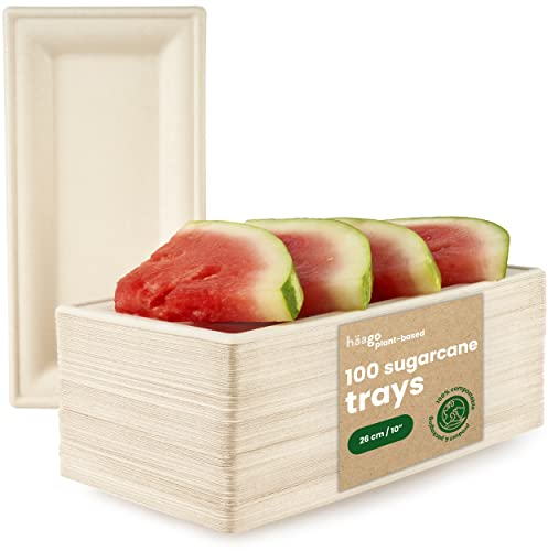 HAAGO – 100 platos de bagazo de caña de azúcar, 26 cm x 12 cm para alimentos fríos y calientes, sólidos y rígidos, platos compostables para barbacoa