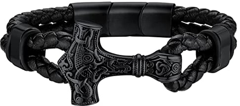 FaithHeart Nordischer Thors Hammer Lederarmband Viking Mjölnir Armband Punk Retro Wikinger Armreif mit Magnet Verschluss für Herren Männer