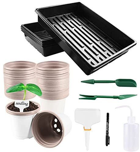 Lechansen 9cm Anzuchttöpfe, mit 4 Stück Pflanzschalen ohne Löcher, Kunststoff Pflanztöpfe 50 Stück Kleine Blume Pflanztöpfe Kit für Obst, Gemüse, Pflanzen, Sukkulenten, Setzlinge, Stecklinge