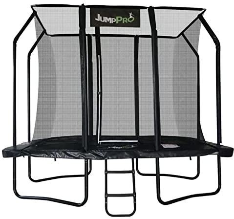 10ft x 7ft JumpPRO™ Xcel Rectangular Trampoline. Black Powder Coated Steel for Added Rust Protection. Strong Sturdy Frame Black Padding. High Specification with Safety Ladder for Additional Safety.