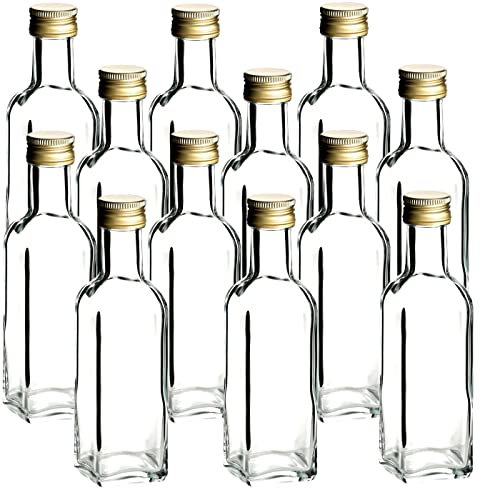 gouveo 12er Set Glasflasche 100 ml Maraska mit Schraubverschluss goldfarben - Kleine Flasche 0,1 l zum Befüllen - Leere Flasche eckig für Likör, Schnaps, Öl (MFE100TG)