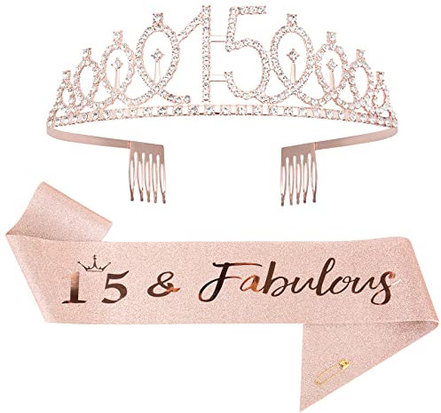 Mikccer Rose Gold 15th Birthday Sash and Tiara, Rhinestone Crown Headband for Girls' 15th Birthday Decoration Party Accessories