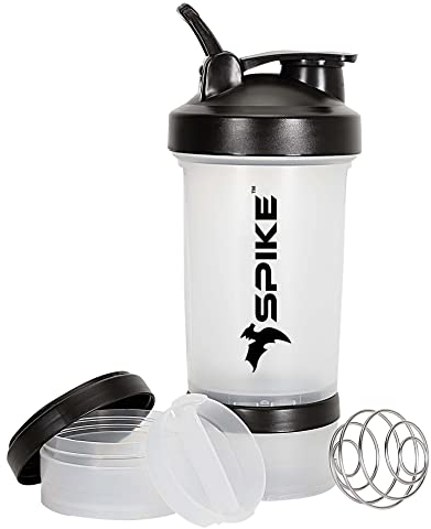 SPIKE Pro Protein Shaker Bottle with Protein Holder Cup for Protein Mix, Cycling, Gym Water Bottle with Stainless Steel Ball 500 ml (Pro Clear)