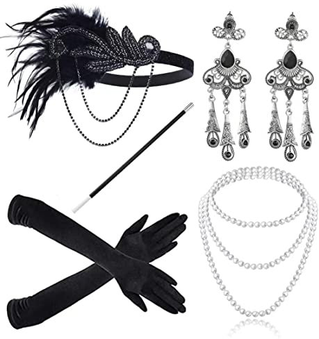 JIAJIAYI 1920s Kostüm Damen Flapper Accessoires Set 20er Jahre Halloween Kostümzubehör für Abschlussball Event Weihnachten Party der 1920s Jahre Gatsby Art Deco Flapper Party (black)