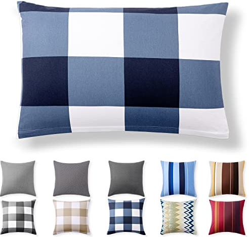 Alreya Renforcé Kissenbezug 50 x 75 cm - 100% Baumwolle mit Reißverschluss, Superweicher Kopfkissenbezug 50x75, Kissenhülle, Blau Kariert, nur Kissenbezug