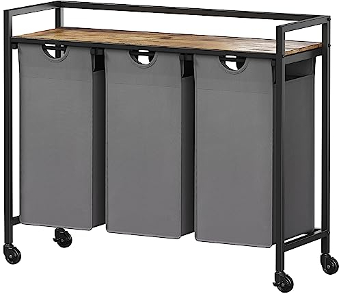 Lifewit Rollbarer Wäschekorb, 120L 3 ausziehbare Wäschekörbe für Wäsche mit oberem Regal & 3 abnehmbaren Taschen & Griffen, Wäschesortierer für Waschküche Schlafzimmer Badezimmer & Schlafsaal, Grau