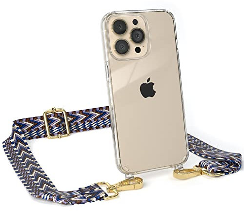 EAZY CASE Handykette - Flexibler Trageriemen kompatibel mit iPhone 13 Pro, Schultergurt zum Umhängen, Taschenriemen, Band zum austauschen, Wechselgurt, Blau/Weiß - Metall Gold