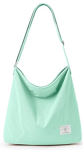 KALIDI Cord Tasche Umhängetasche mit Reißverschluss Wasserdicht Shopper Damen Große Cord Umhängetasche Tote Bag Crossbody Schultertasche Handtasche für Arbeit Büro Reise Einkauf, Minzgrün