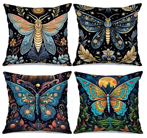 Tucocoo 4 Stück mystische Motten-Kissenbezüge, quadratische Kissenbezüge, 45 x 45 cm, Aquarell-Blumenmuster, dekorativ, modern, abstrakt, Schmetterling, Kissenbezug für Sofa, Bett, Couch
