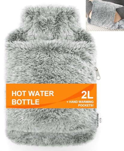 Bonilife Hot Water Bottle with Fluffy Cover, 2L Large Rubber Hot Water Bag with Hand Warmer Pocket Cover for Shoulder, Back, Period Pain Relief, Hot Water Bottle for Men Women Kids Adult-Grey