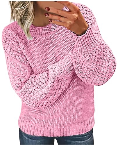 Winter Jumpers for Women UK Sale Clearance Chunky Knit Jumpers Plain Knitted Jumpers Ribbed Cuffs Long Sleeve Pullover Tops Solid Color Crew Neck Knitwear Ladies Jumpers 8-22 Pink