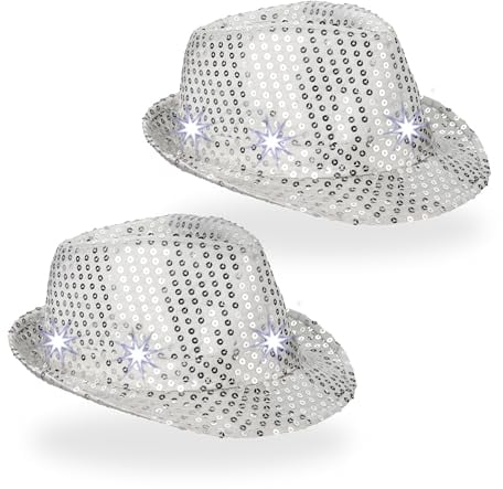 Relaxdays Pailletten Hut 2er Set, mit 6 LEDs, 3 Leuchtmodi, Glitzer, Männer & Frauen, Partyhüte, Silvesterhüte, silber