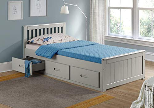 Humza Amani Mission Wooden Bed 3FT, Single Waxed Pine Guest Bed with Underbed Storage Drawers and Slatted Headboard (Grey, Single)