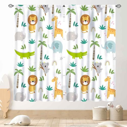 Safari-Vorhänge für Kinderzimmer, Jungen, Mädchen, Kinder, Wald, Dschungel, Wald, Wildtiere, Löwe, Elefant, Cartoon, Tiere, bedruckte Fenstervorhänge, Behandlungen für Wohnzimmer, Schlafzimmer, 2