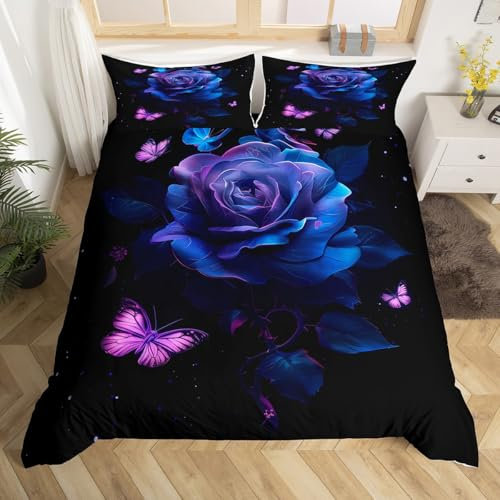 Homewish Housse de Couette 200x200 Rose Bleu avec 2 Taies d'oreiller, Parure de Lit Ado Fille Papillon Violet, Sets de Housses de Couettes Galaxie, Couvre Lit Animaux D'Esthétique Rustique