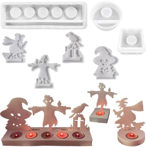 ALEFBET Silikonformen Gießformen, Silikonform Kerzenhalter Halloween, Kerzenhalter Teelichter DIY Set Erwachsene für Halloween Deko (Vogelscheuche auf dem Friedhof)
