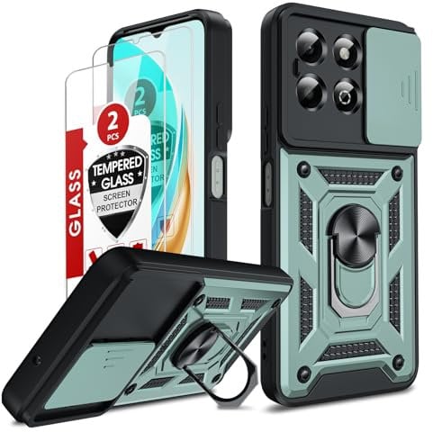 LeYi for Honor X6b Phone Case, 2 Pack Screen Protectors, Ring Stand Holder, Military Shockproof Rugged Mobile Phone Cover with Camera Lens Slide Design for Honour X6b 4G, Green