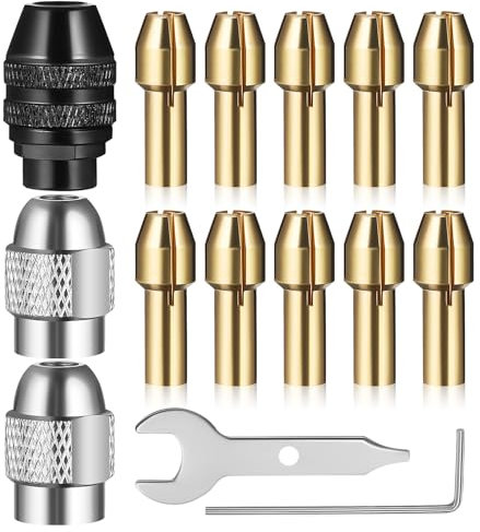 15PCS 4486 Multi Chuck Collet Set Compatible with Dremel, Keyless Drill Chuck Bit, 0.5-3.2mm Shank Replacement with Replacement 4485 Brass Collet Metal Nut